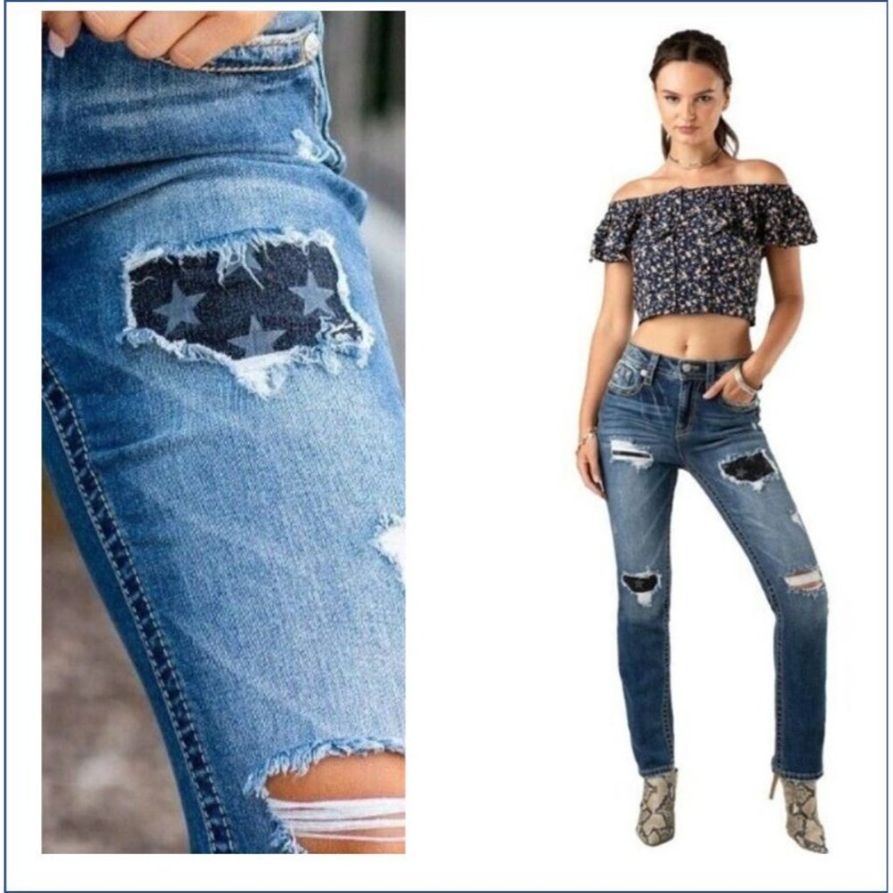 Miss Me  Jeans 27 High Rise Straight Distressed Ripped Stars Americana
